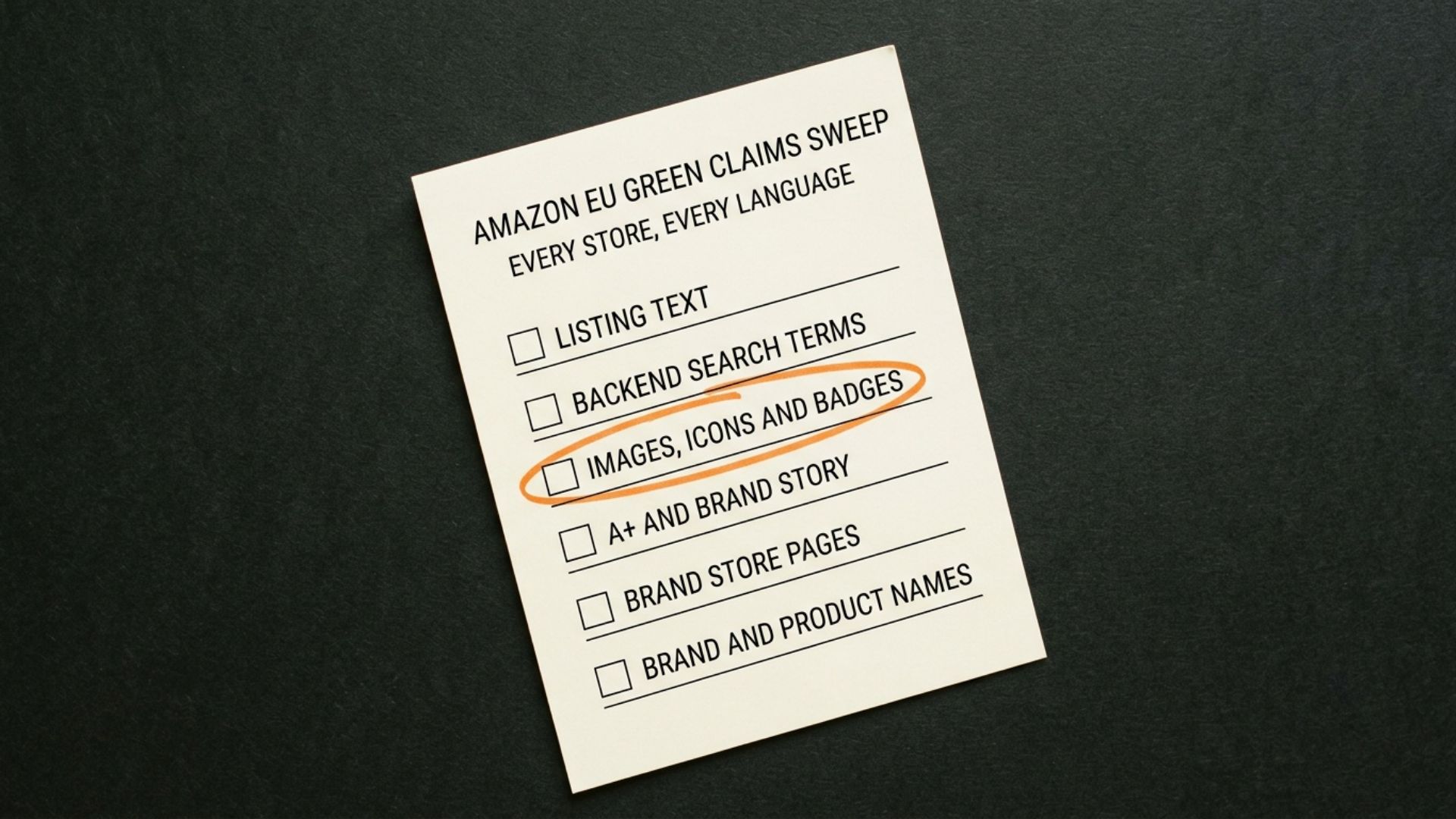 A checklist headed Amazon EU green claims sweep, every store, every language: listing text; backend search terms; images, icons and badges, circled; A+ and Brand Story; Brand Store pages; brand and product names.