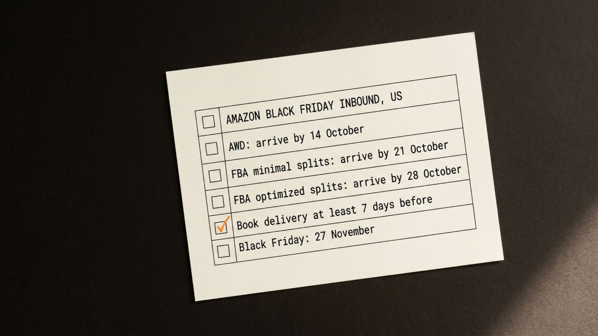 A checklist sheet headed Amazon Black Friday inbound, US. AWD: arrive by 14 October. FBA minimal splits: arrive by 21 October. FBA optimized splits: arrive by 28 October. Book delivery at least 7 days before. Black Friday: 27 November.