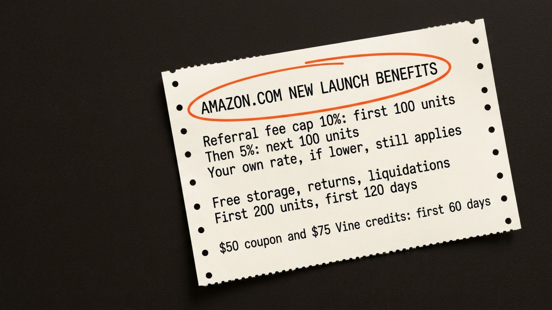 A cream receipt headed Amazon.com New Launch Benefits. Referral fee cap 10%: first 100 units. Then 5%: next 100 units. Your own rate, if lower, still applies. Free storage, returns, liquidations. First 200 units, first 120 days. $50 coupon and $75 Vine credits: first 60 days.