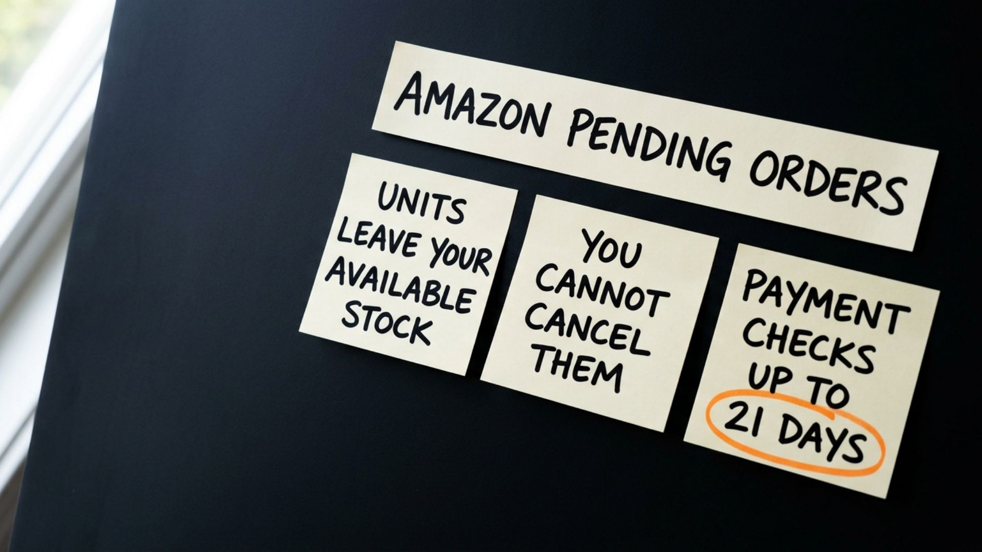 Three notes under the heading Amazon pending orders. Note one: the units leave your available stock. Note two: you cannot cancel them. Note three: payment checks can take up to 21 days.