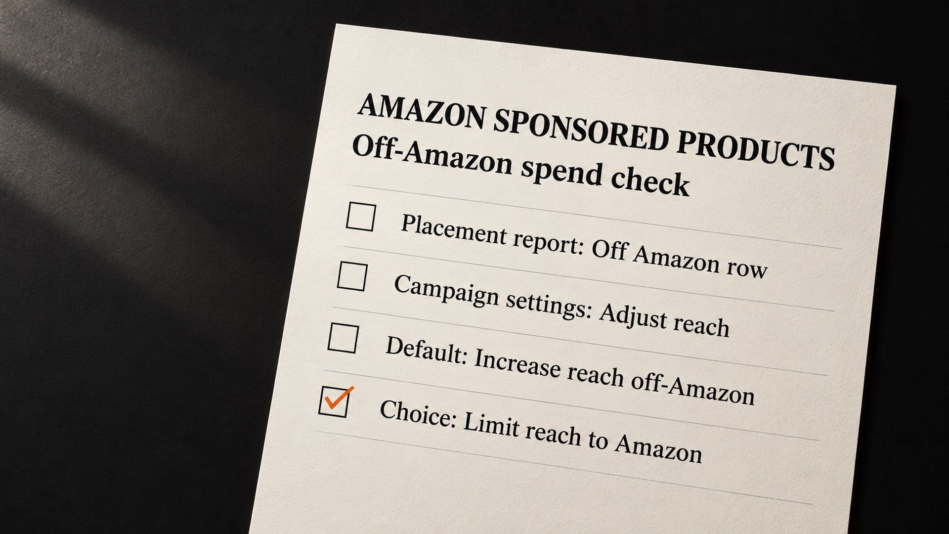 A checklist sheet titled Amazon Sponsored Products, off-Amazon spend check. Placement report: Off Amazon row. Campaign settings: Adjust reach. Default: Increase reach off-Amazon. Choice: Limit reach to Amazon, ticked.