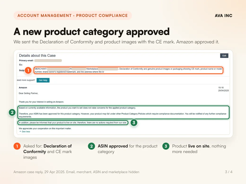 A new product category approved. We sent the Declaration of Conformity and product images with the CE mark. Amazon approved it.