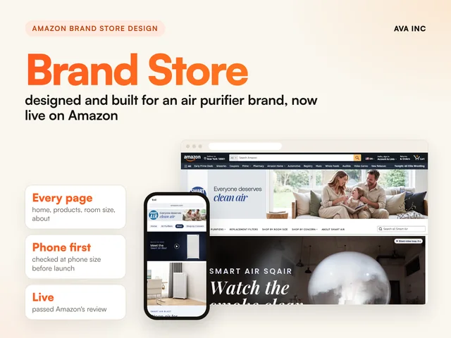 Brand Store designed and built for an air purifier brand, now live on Amazon. Case study summary slide, Brand Store design, Amazon US.