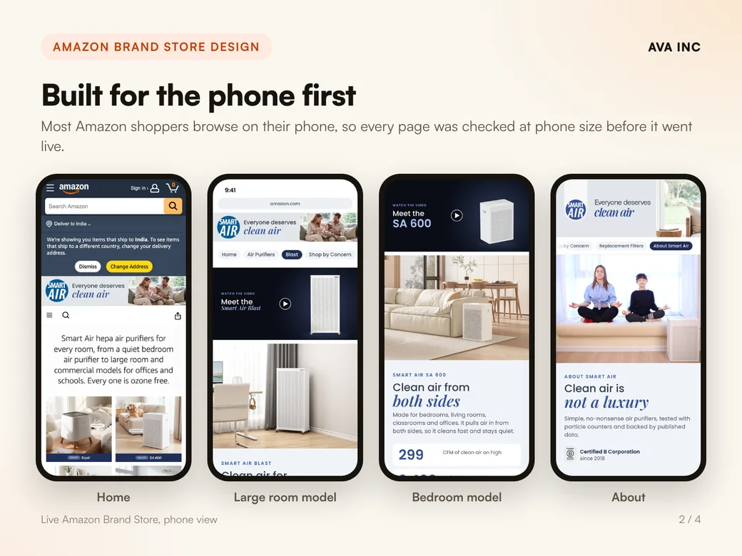 Built for the phone first. Most Amazon shoppers browse on their phone, so every page was checked at phone size before it went live.