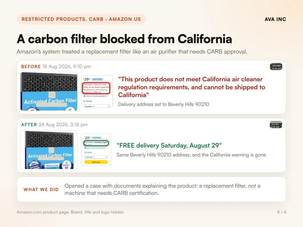 A carbon filter blocked from California. Amazon's system treated a replacement filter like an air purifier that needs CARB approval.