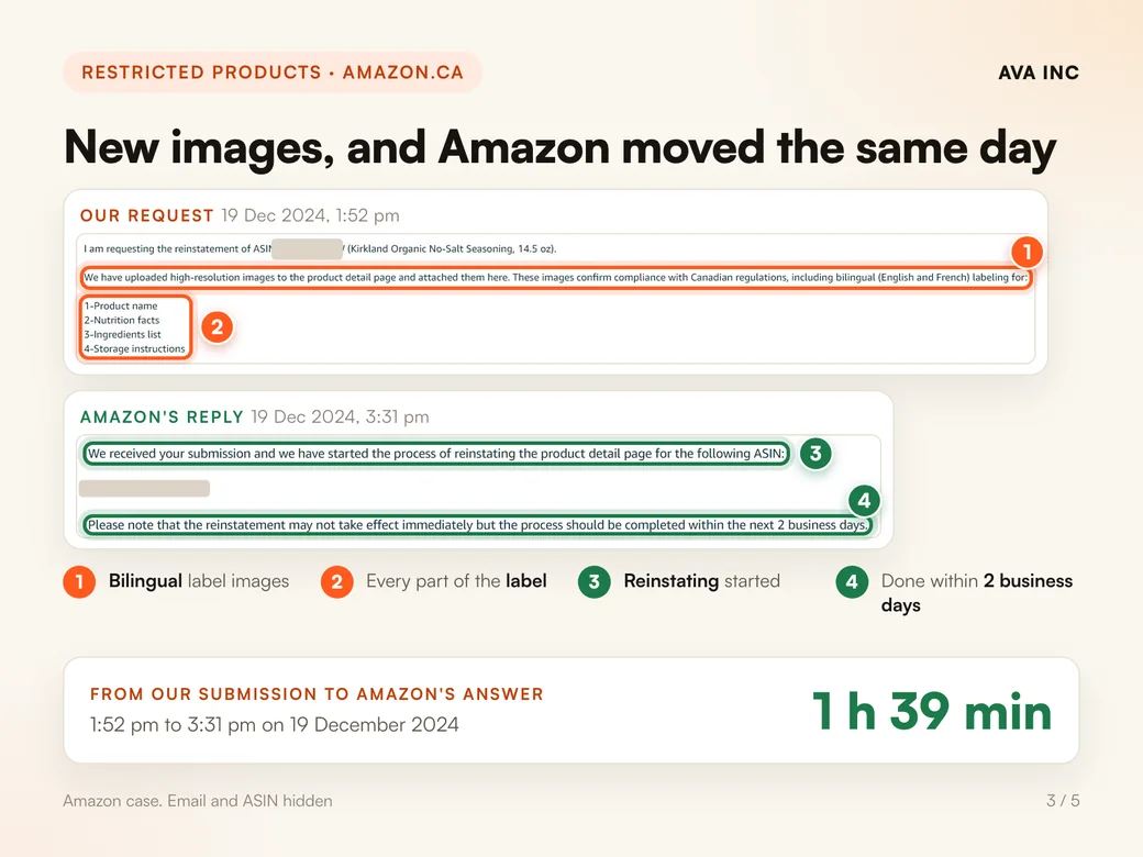 New images, and Amazon moved the same day. Our request at 1:52 pm on 19 December 2024, Amazon's reply at 3:31 pm: reinstating started.