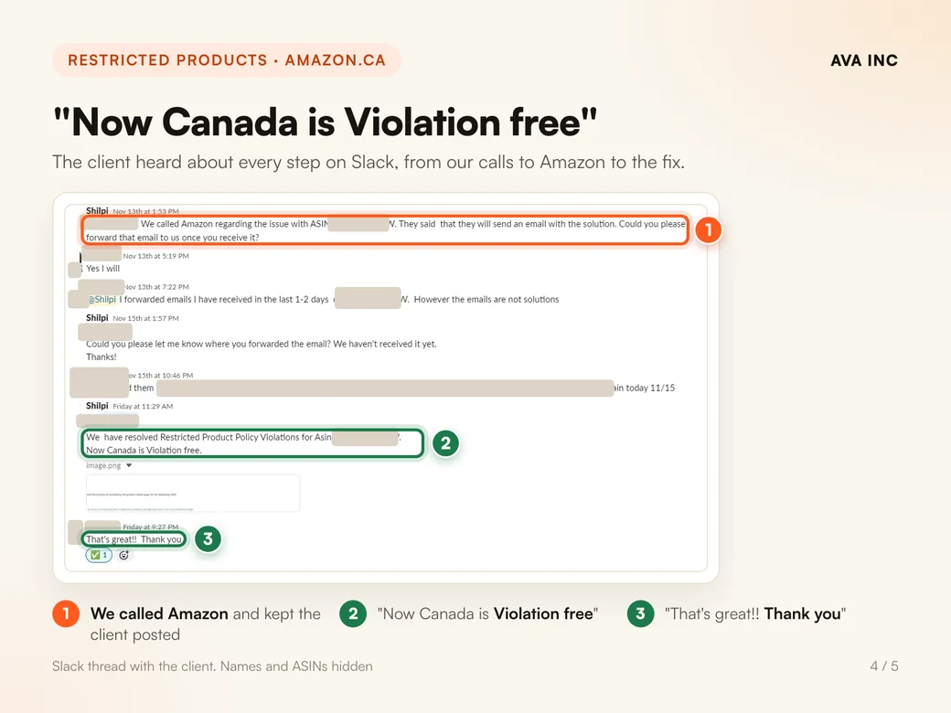 "Now Canada is Violation free". The client heard about every step on Slack, from our calls to Amazon to the fix.