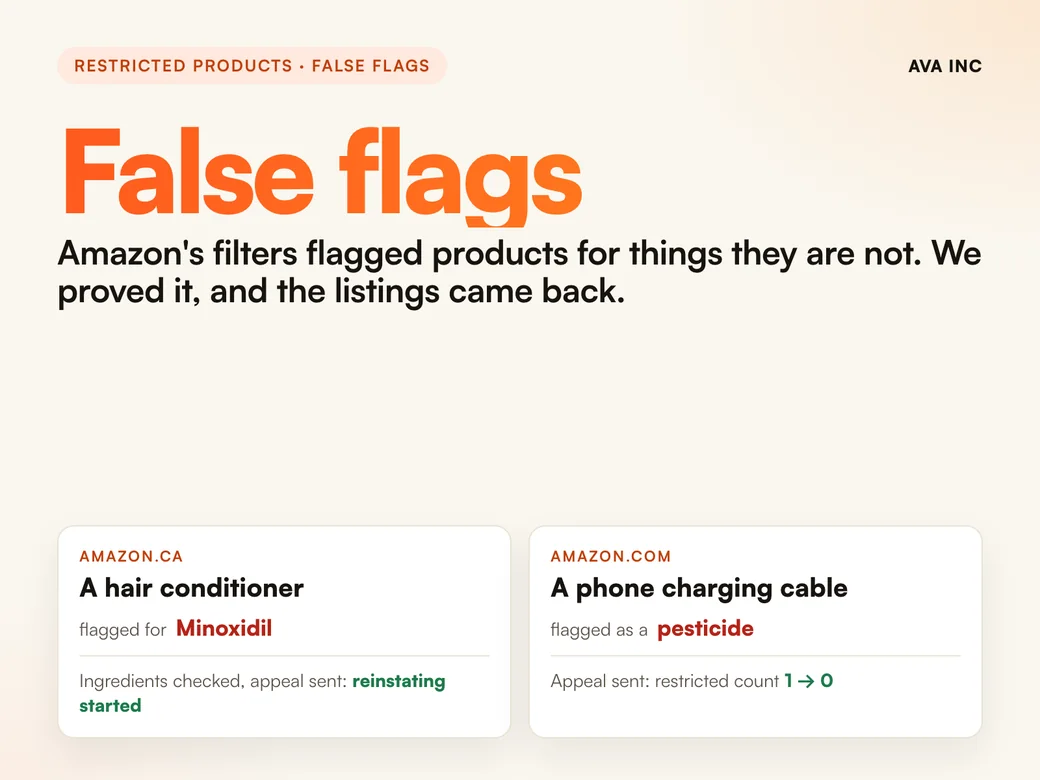 False flags Amazon's filters flagged products for things they are not. We proved it, and the listings came back.. Case study summary slide, Restricted products, false flags, Amazon.ca and Amazon US.
