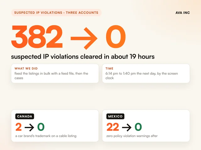 382 to 0 suspected IP violations cleared in about 19 hours. Case study summary slide, Suspected IP violations, Amazon US, Canada and Mexico.