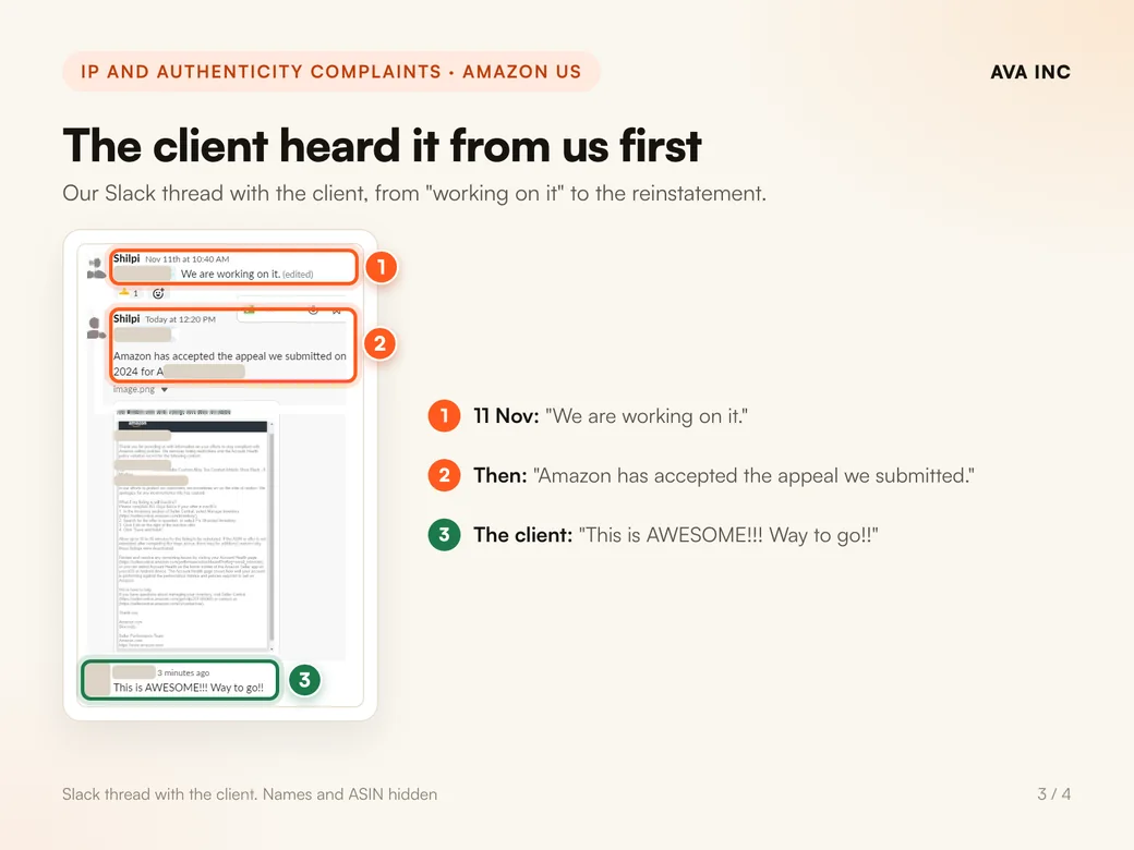 The client heard it from us first. Our Slack thread with the client, from "We are working on it" to the reinstatement.