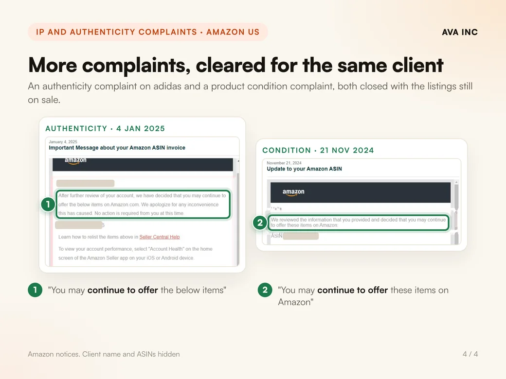 More complaints, cleared for the same client. An authenticity complaint on adidas and a product condition complaint, both closed with the listings still on sale.