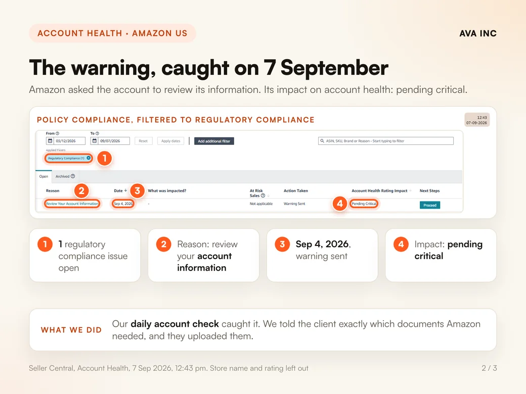 The warning, caught on 7 September. Amazon asked the account to review its information. Its impact on account health: pending critical.