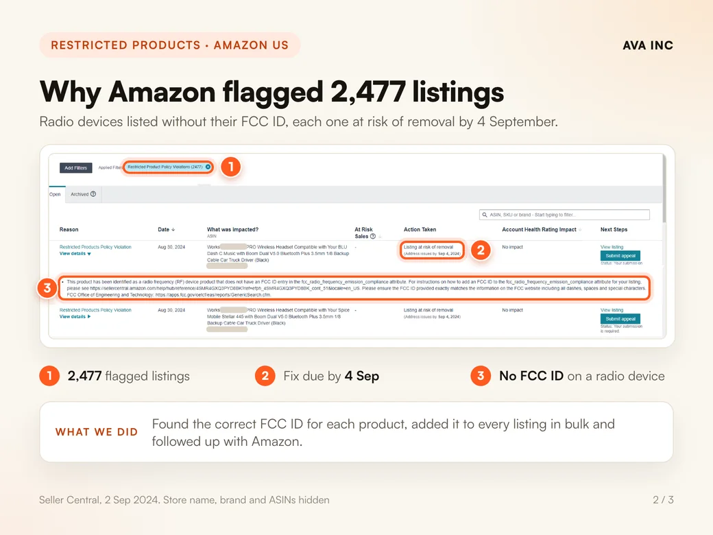 Why Amazon flagged 2,477 listings. Radio devices listed without their FCC ID, each one at risk of removal by 4 September.
