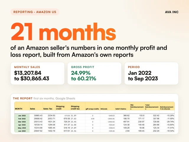 21 months of an Amazon seller's numbers in one monthly profit and loss report. Case study summary slide, Reporting, Amazon US.