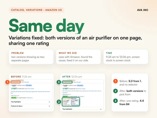 Same day variations fixed: both versions of an air purifier on one page, sharing one rating. Case study summary slide, Catalog, variations, Amazon US.