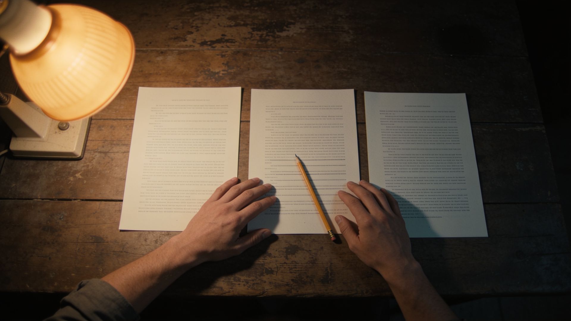 Two hands laying three printed documents side by side on a wooden table, a pencil resting on one line to compare it across all three