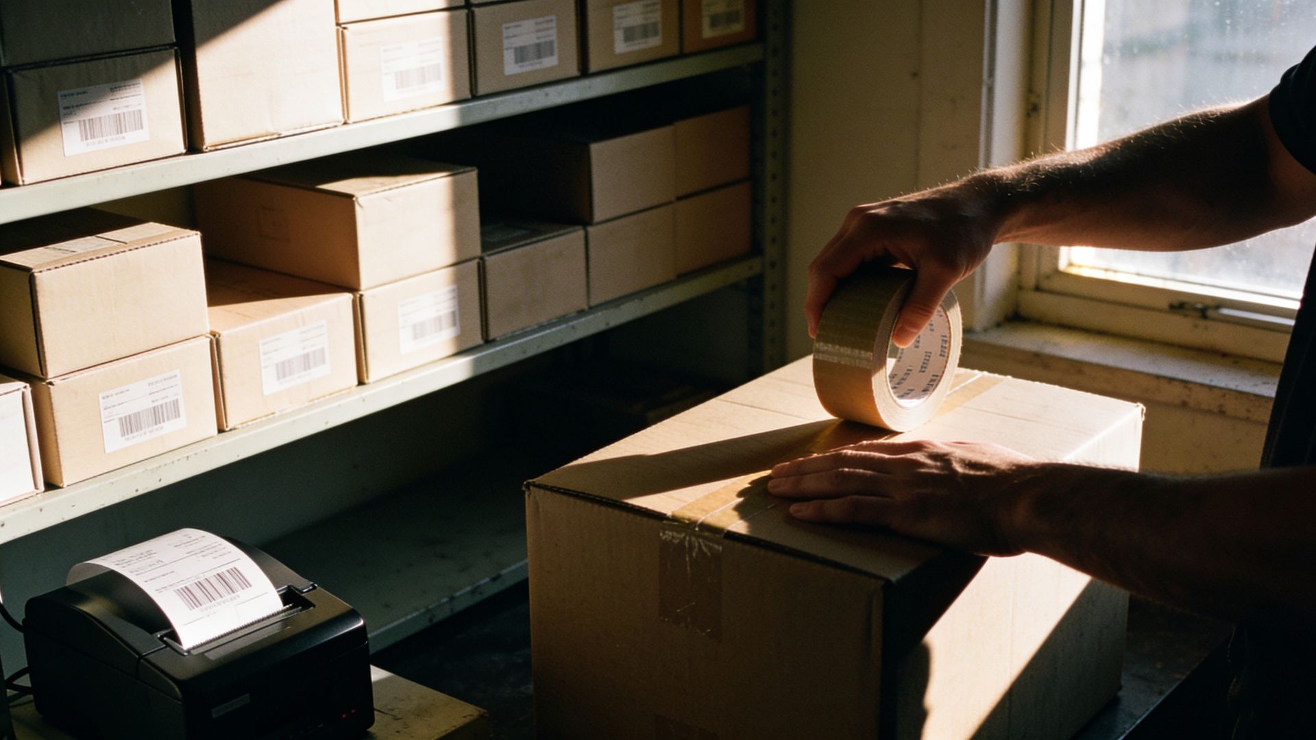 A small stockroom at first light, a shipping label coming out of a label printer while a pair of hands tape a carton shut