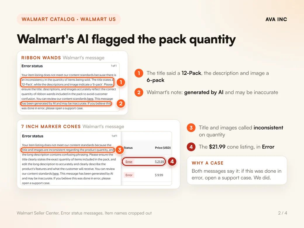 Walmart's AI flagged the pack quantity. Both Error messages end the same way: if this was done in error, open a support case. We did.