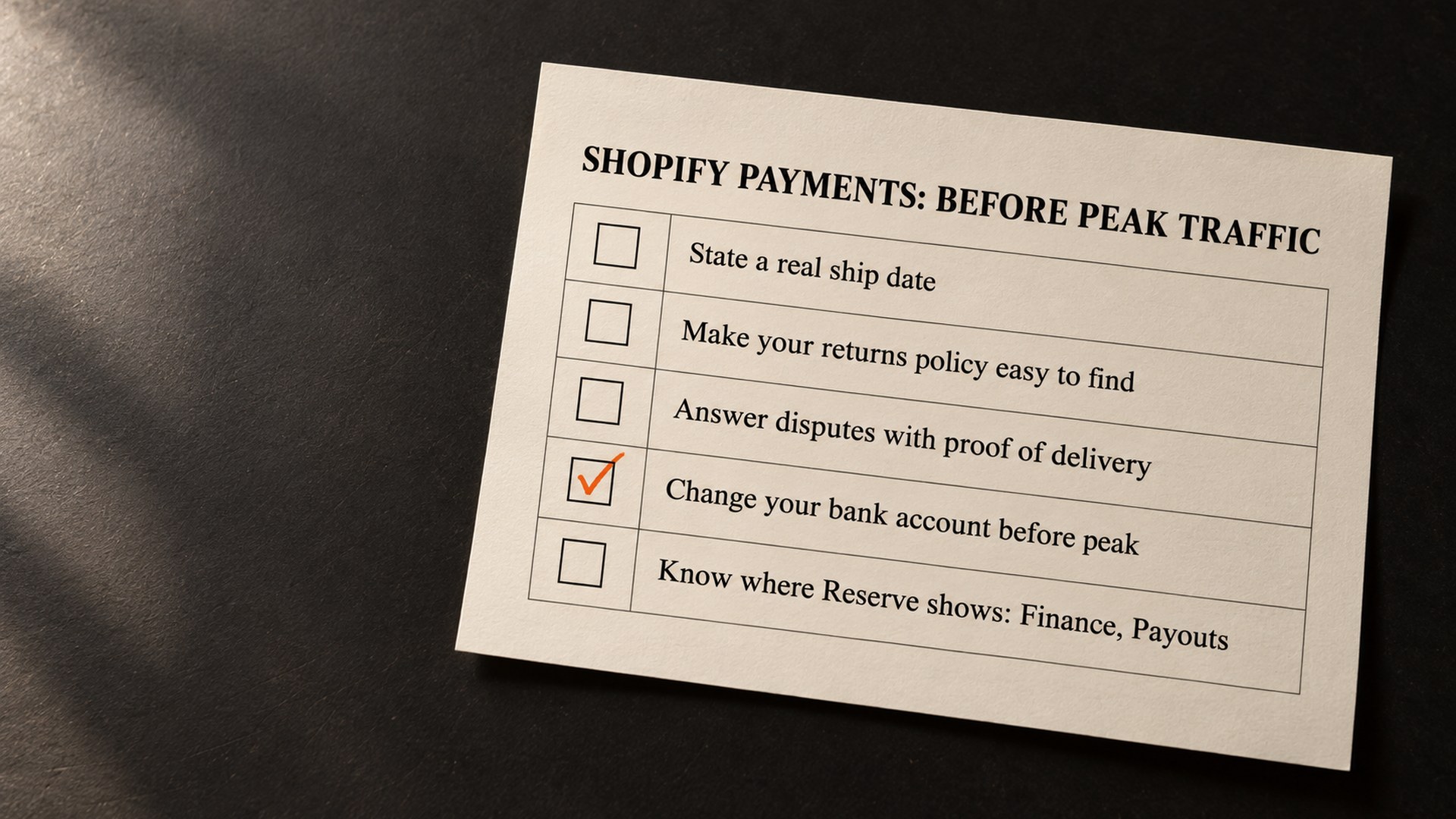 A cream checklist sheet headed Shopify Payments: before peak traffic, with five rows. State a real ship date. Make your returns policy easy to find. Answer disputes with proof of delivery. Change your bank account before peak, with an orange tick in its box. Know where Reserve shows: Finance, Payouts.
